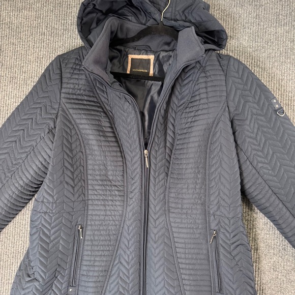 Weatherproof Womens 1X Blue Chevron Quilted Puffer Coat Hooded Jacket Winter - Picture 1 of 11